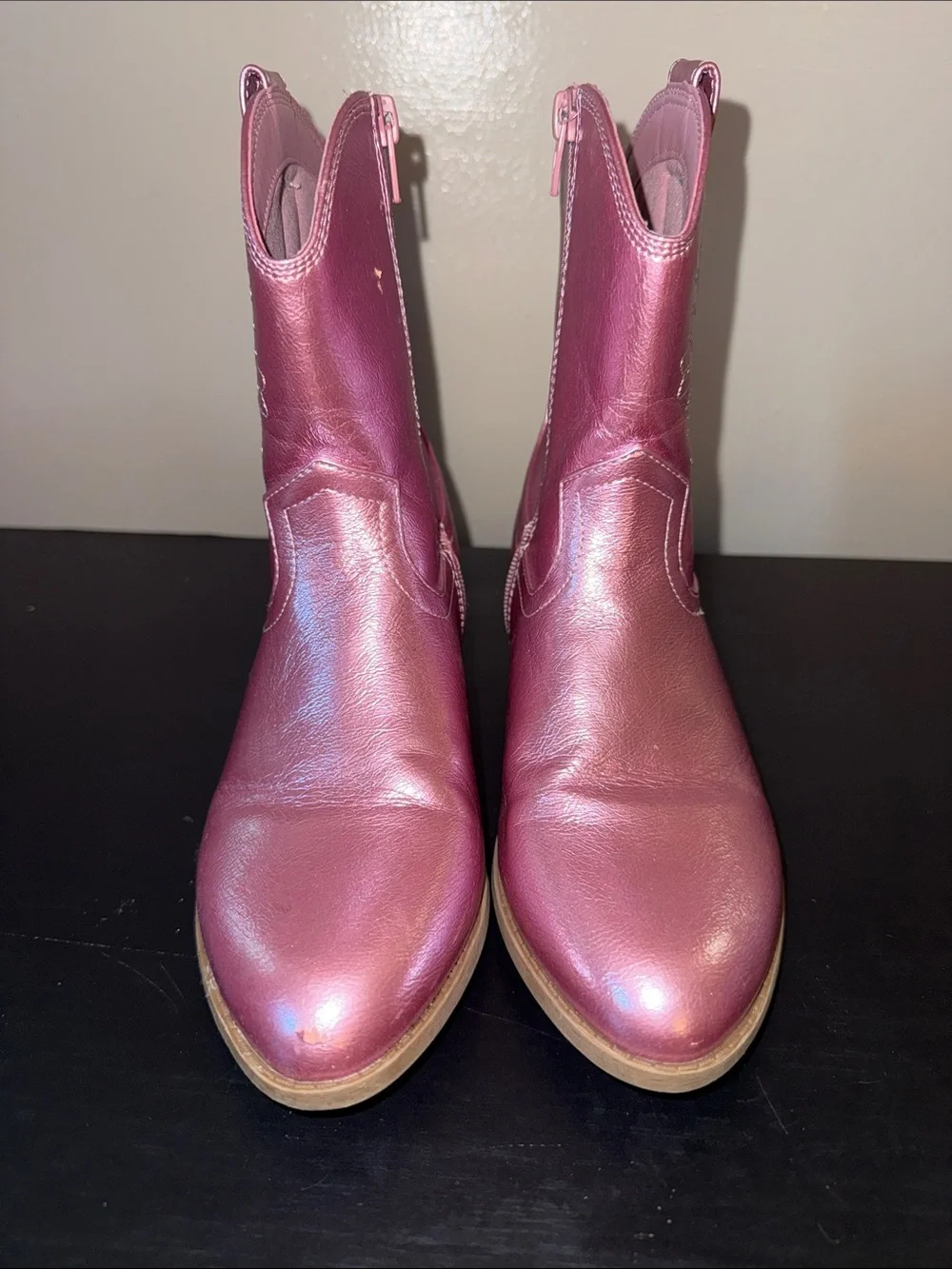 Girls Metallic Pink Western Ankle Boots - Shiny Kids Cowboy Style